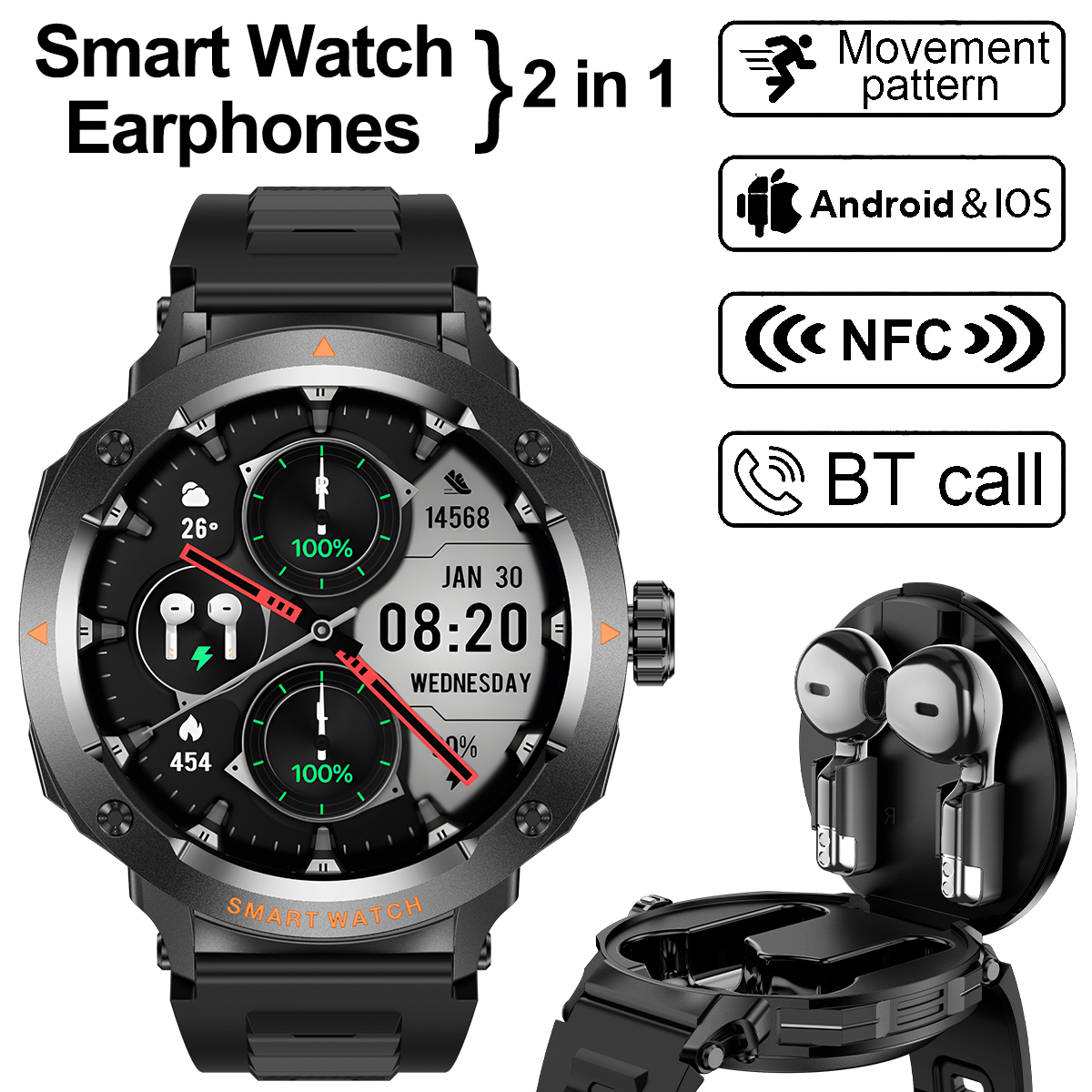 NFC Smart Watch Wireless Earph - Earbuds Charging Case ulasan dan harga
